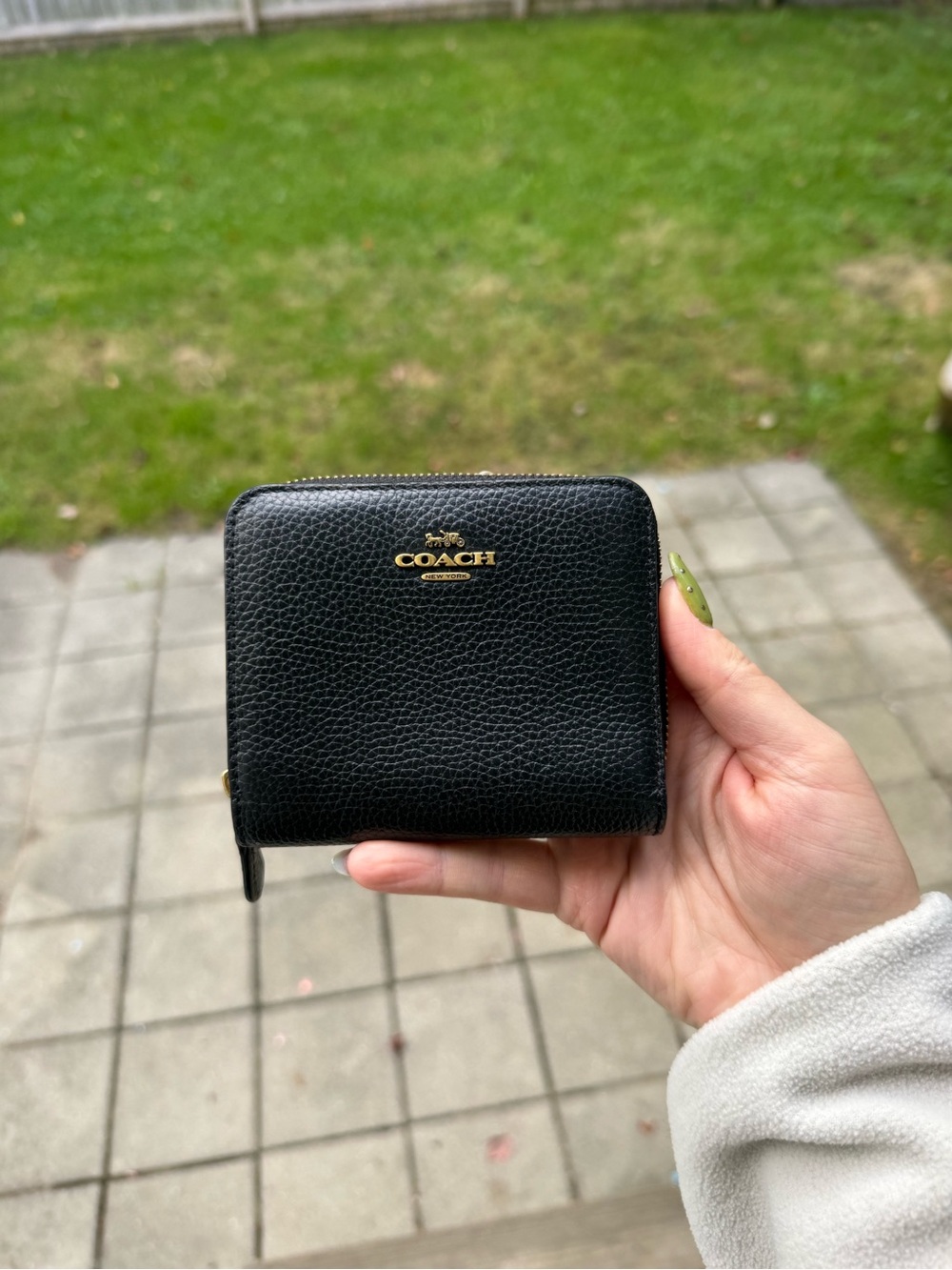 Coach Black Pebbled Leather Zip Card Wallet with Gold Logo